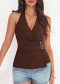 Elevated Backless V Neck Tie Blouse